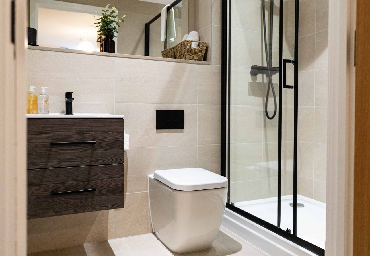 Image of the modern bathroom with underfloor heating at rock mill apartment 32