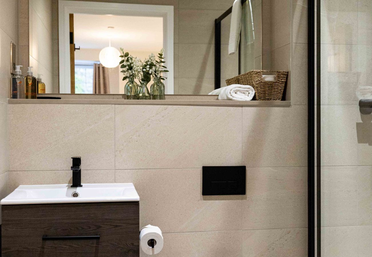 Image of the modern bathroom with walk in shower at rock mill apartment 37