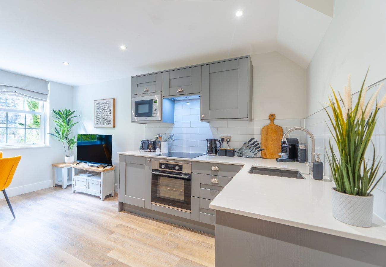 Image shows open plan kitchen area in Apartment 41 Rock Mill