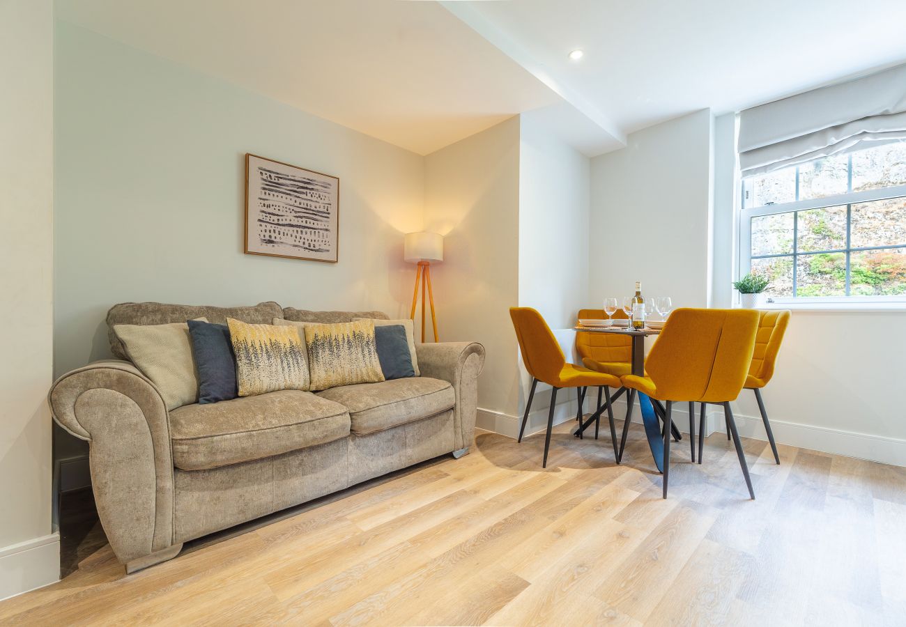 Image shows a comfortable sofa and dining table with 4 chairs in Apartment 41 at Rock Mill